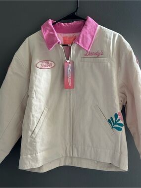 Women's Cream & Pink Corduroy-Collar Jean Jacket